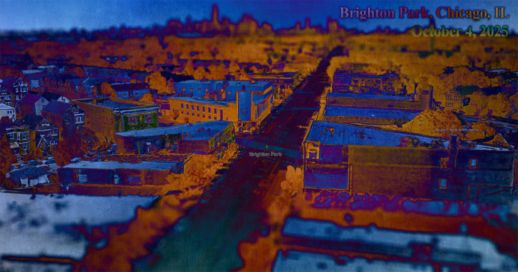 Aerial-isometric view of Brighton Park area, facing downtown Chicago in the distance. The picture has been difference filtered to appear heavy with dark blues and oranges, and is tilt-shift blurred to focus on the Brighton Park area.